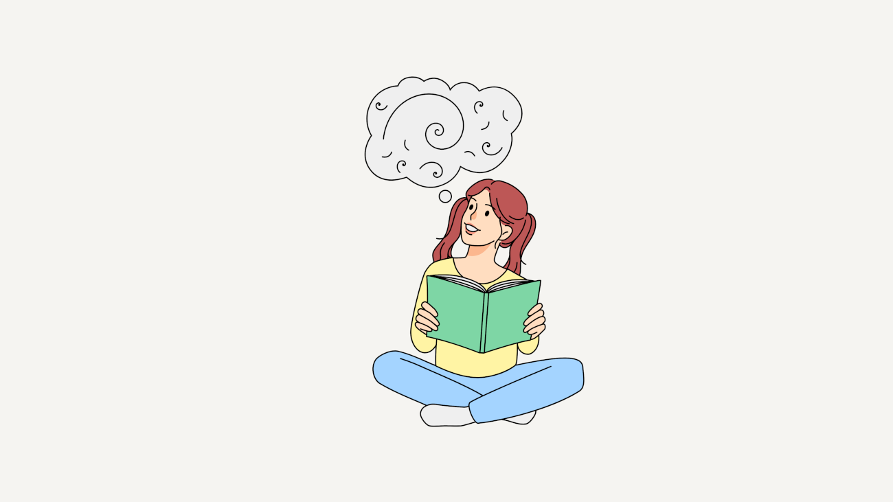 Una muchacha lee un libro e imagina los pensamientos de los personajes